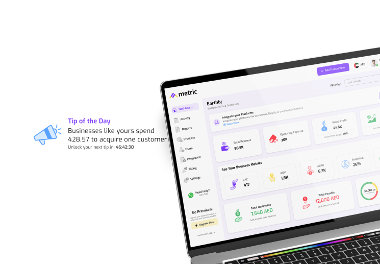 Real-time analytics and insights on the Metric dashboard, including financial metrics, trend graphs, and tailored industry tips